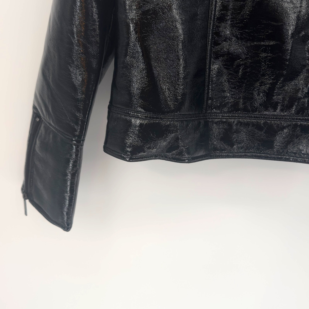 Unreal Fur Aviator Jacket Small Black Bomber Vegan Wet Look Leather Fur Collar - Picture 10 of 14